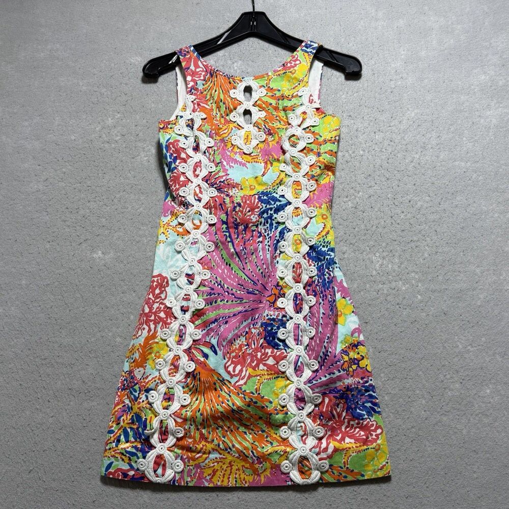 Lilly Pulitzer Mila Shift Dress Catch the Wave Multi Color Lace Trim Size 00